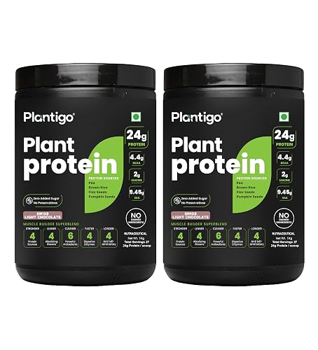 Plantigo Clean Plant Protein Powder | No Preservatives, No Banned Substances | Super Protein Blend - Pea, Brown Rice, Flax | Vegan Green Protein For Men, Women (Swiss Chocolate - 1 kg x Pack of 2)