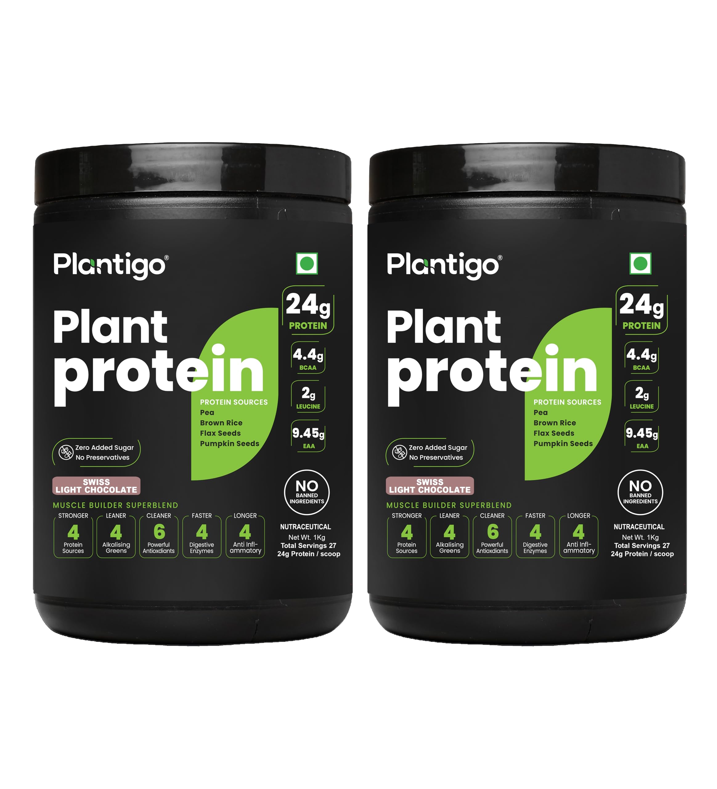 Plantigo Clean Plant Protein Powder | No Preservatives, No Banned Substances | Super Protein Blend - Pea, Brown Rice, Fl