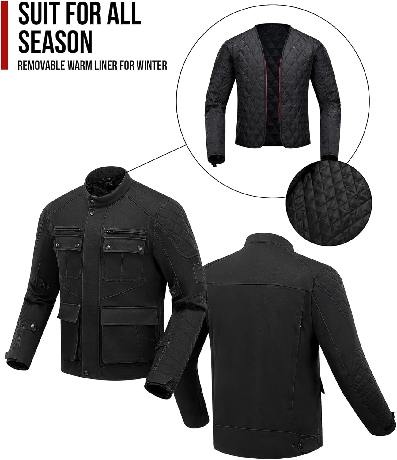 Motorcycle Jacket with CE Armor, Vintage Winter Windproof Riding Jacket for Cold Weather with Removable Warm Liner XL - Image 6