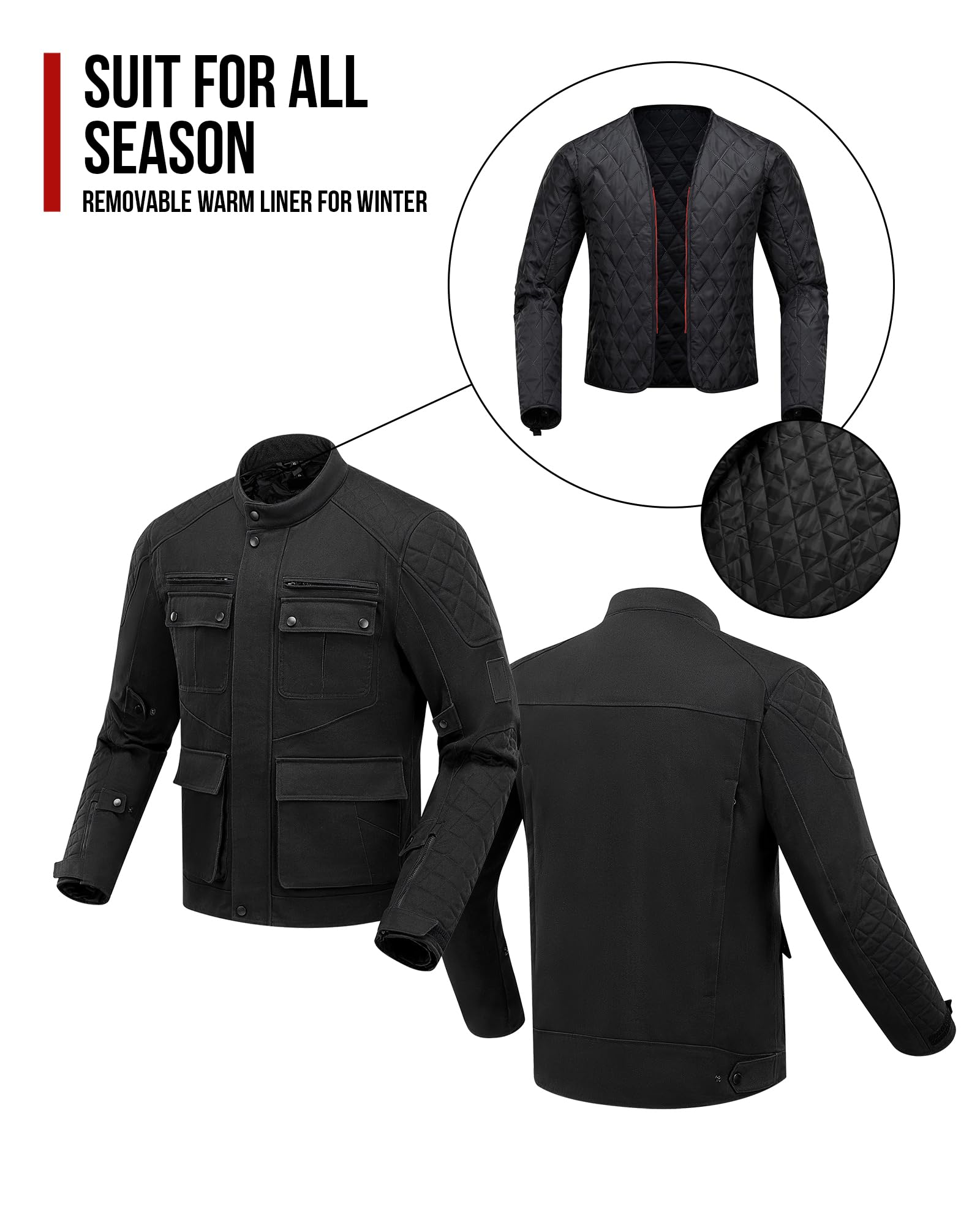 RIDEIRON Chaqueta Moto Hombre Invierno Protección CE Forro Extraíble Equipo de Protección Moto Casual Vintage Negro