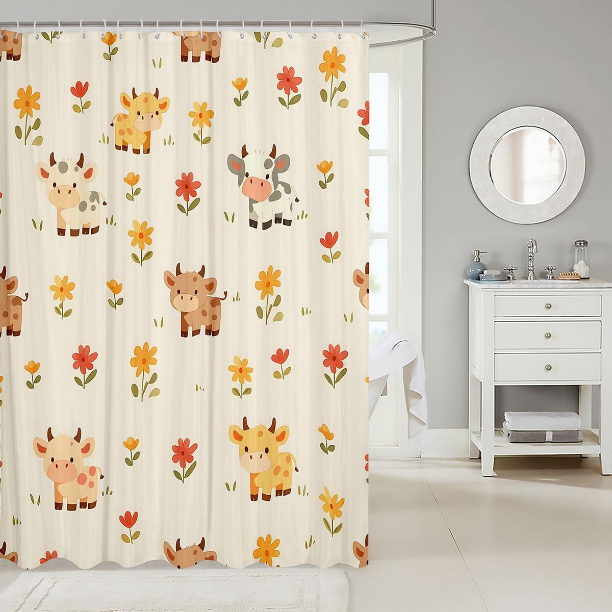 Homewish Cartoon Baby Cow Shower Curtain Set,Cute Daisy Flower Bathroom Curtain,Kids Girls Boys Colorful Floral Leaf Waterproof Curtains Kawaii Animal Bathtub Decor with 12 Hooks,72" W x 72" L image 2
