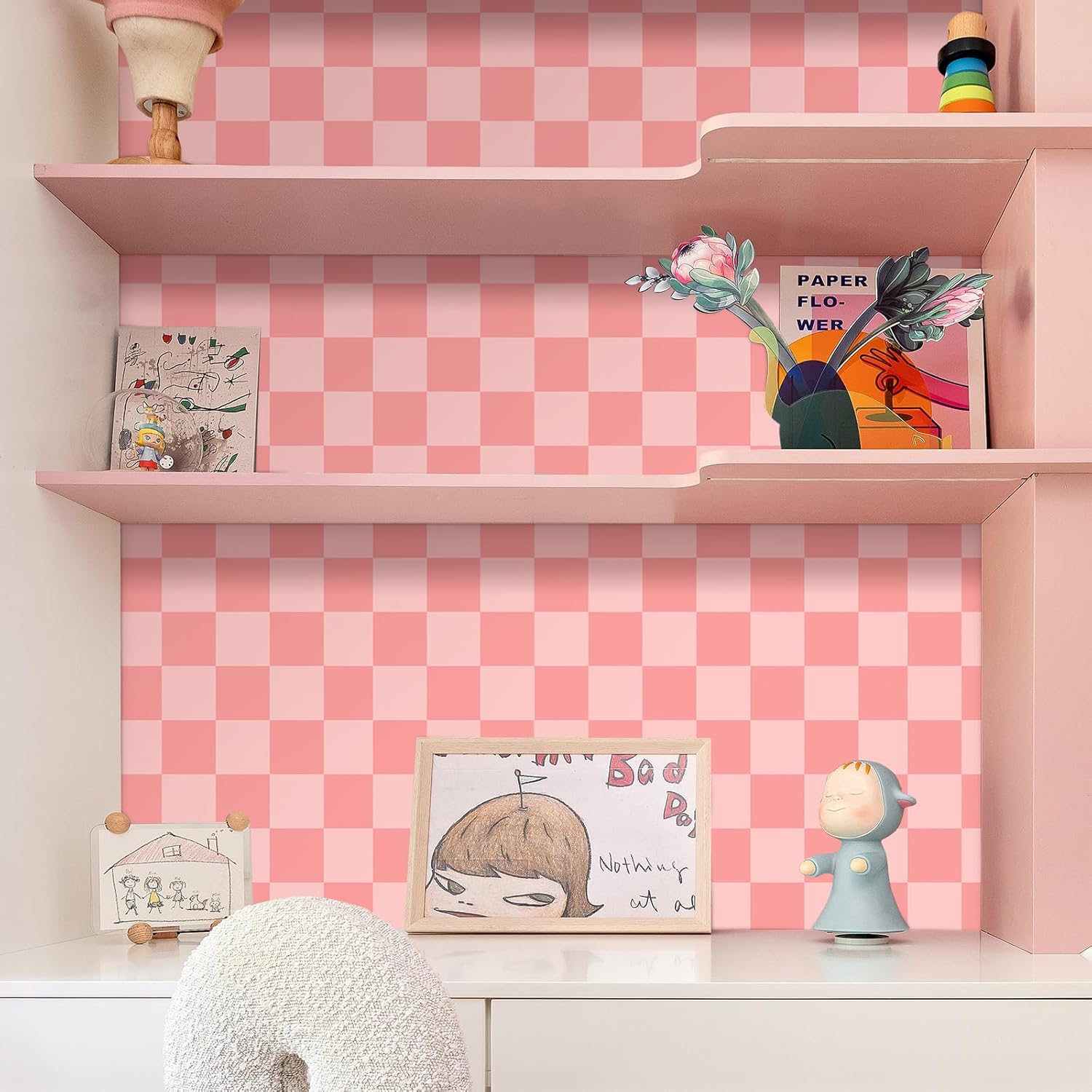 YENHOME 17.7"X276" Self Adhesive Checkered Wallpaper Peel and Stick Countertops Cabinet Contact Paper Waterproof Removable Pink Checkered Peel and Stick Wallpaper for Kitchen Bedroom Decorative