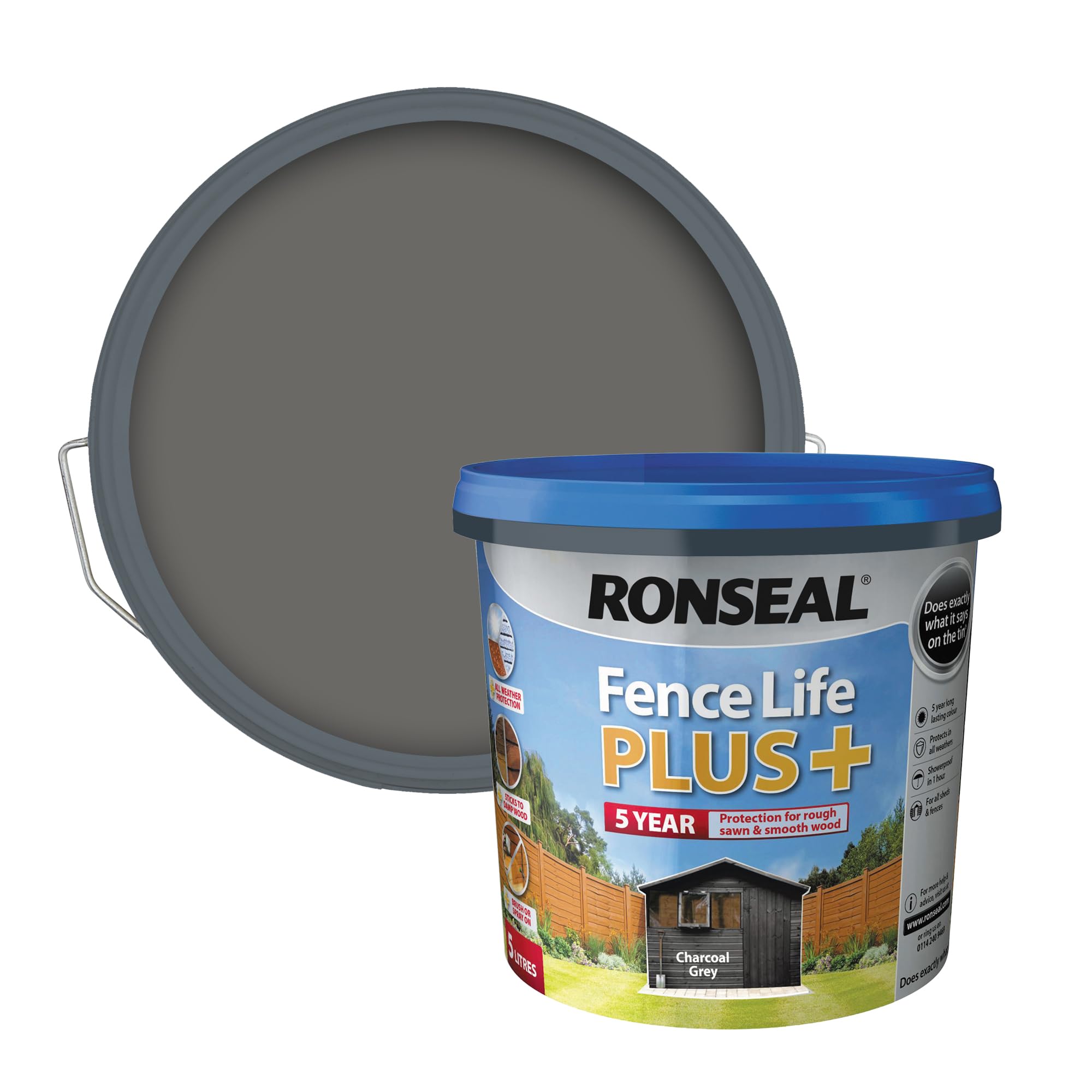 Ronseal Fence Life Plus+ Charcoal Grey 5L, 5 Year Long Lasting Protecion, All Weather Protection, Sticks to Damp Wood, Brush or Spray on, For all Sheds and Fences also Showerproof in 1 Hour