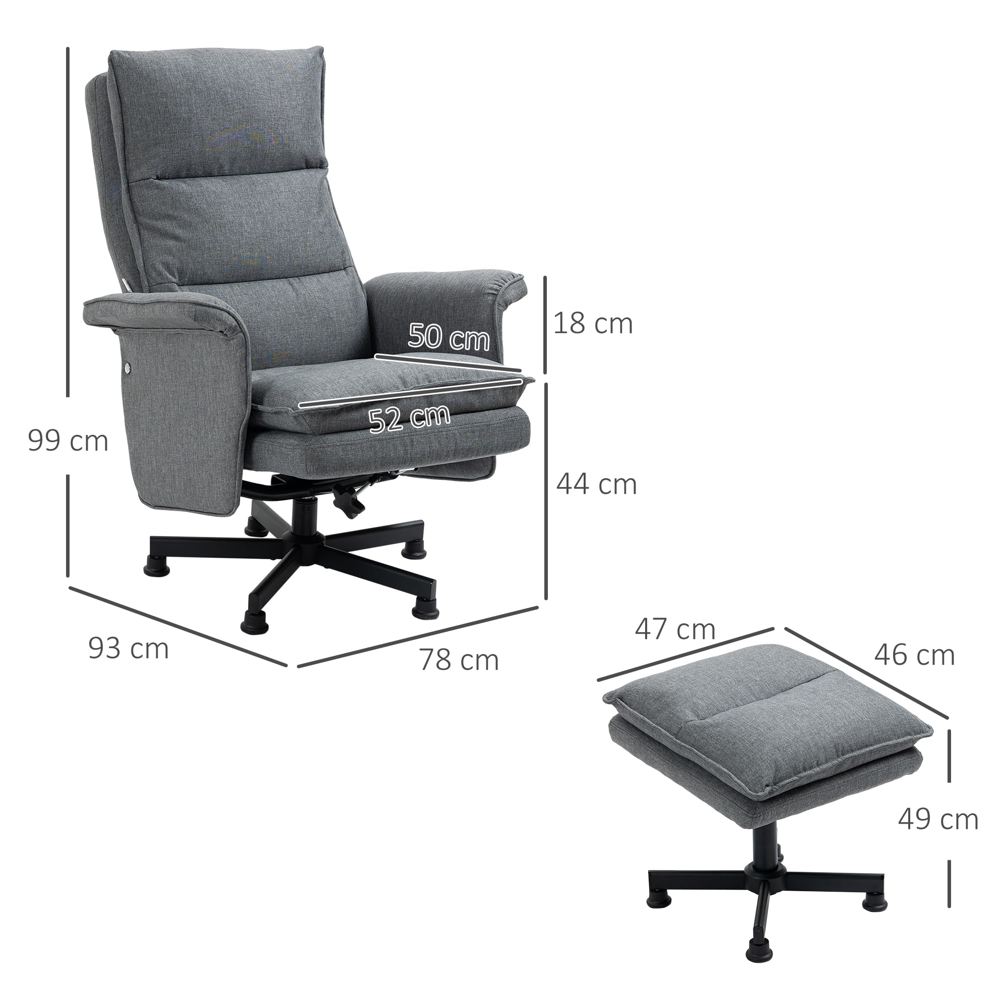 HOMCOM Fauteuil massant électrique Relaxant avec Repose-Pieds et télécommande 8 Zones de Massage Tissu Imitation Lin 78 x 93 x 99 cm Gris