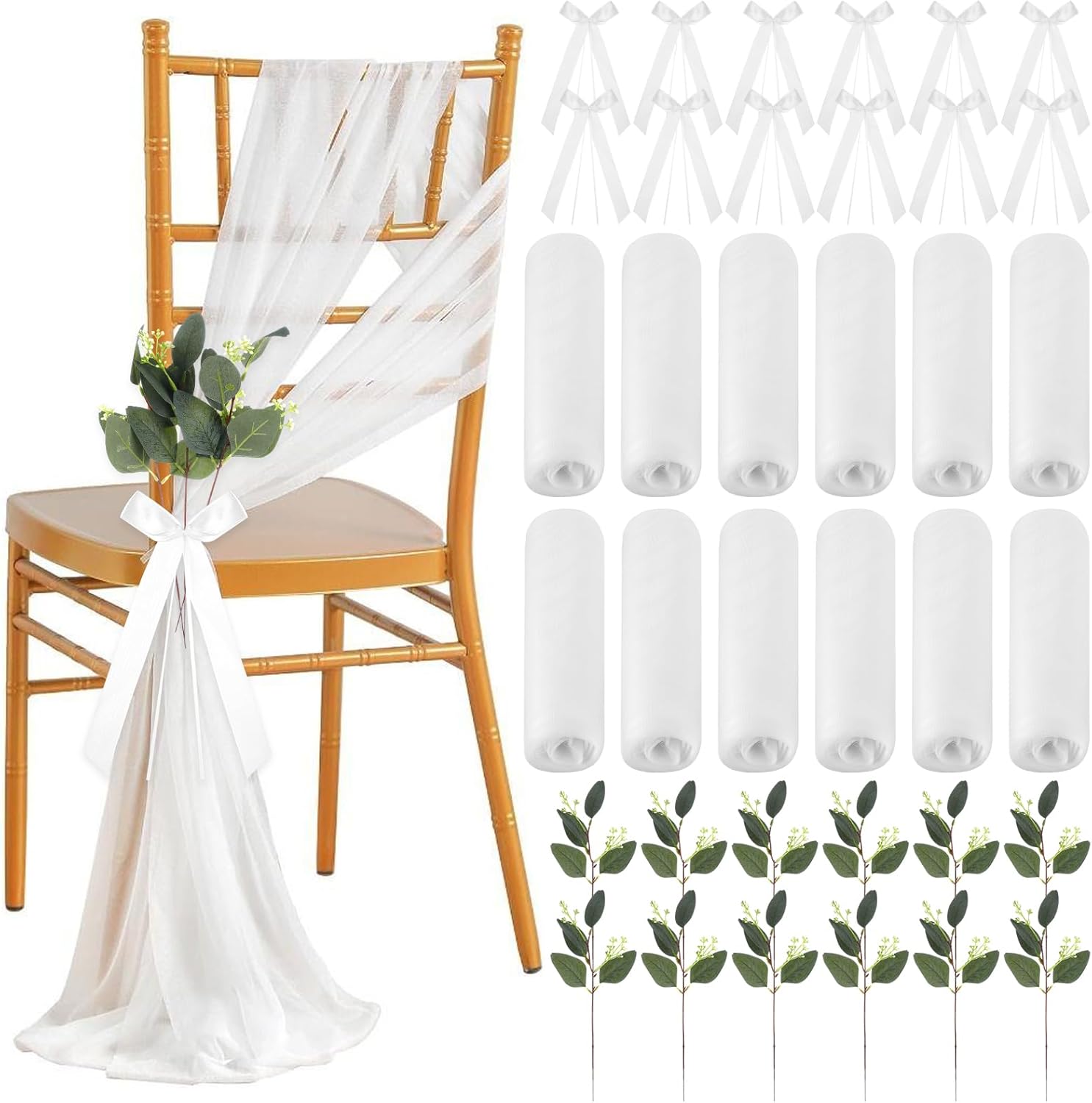 24 Sets Wedding Aisle Decorations for Ceremony Set Wedding Chair Decorations White Ribbon Bows Artificial Eucalyptus Stem Chair Sashes for Weddings Party Bench Church Pew Aisle Decor (Elegant White)