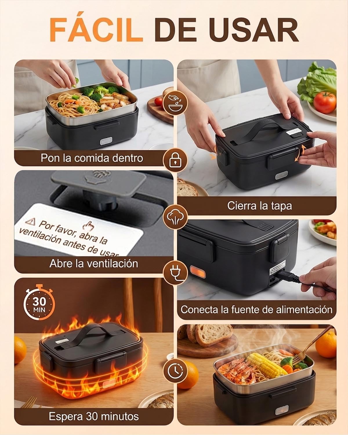 Fiambrera Eléctrica de 2 Litros, Compatible con 12V/24V/220V, Bandeja Extraíble de Acero Inoxidable, Incluye Recipiente para Frutas, Cubiertos y Esponja – Ideal para Coche, Camión, Oficina y Viajes