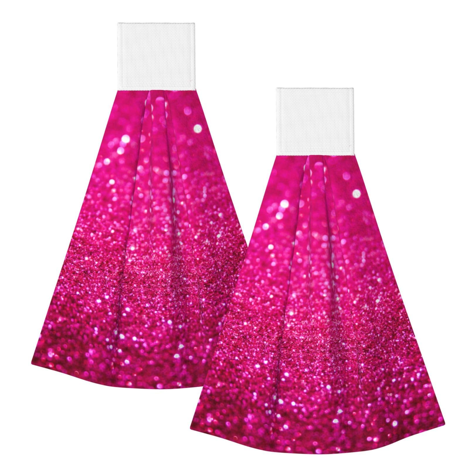 DOPKLNA Pink Glitter, 2 Pcs Hanging Coral Fiber Hand Towels for Bathroom, Absorbent Kitchen Towels