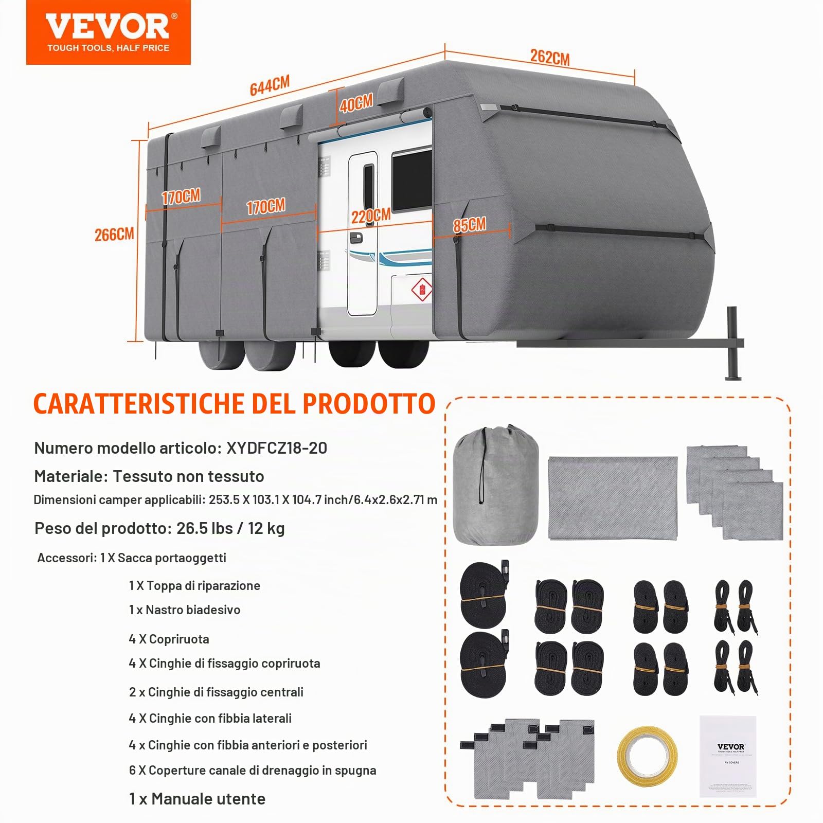 VEVOR Telo Copri Roulotte per Roulotte 5,5-6,1 m Copertura per Roulotte in Tessuto non Tessuto, Impermeabile, Antivento, Resistente a Sole, Copertura per Roulotte con Custodia, Toppe di Riparazione