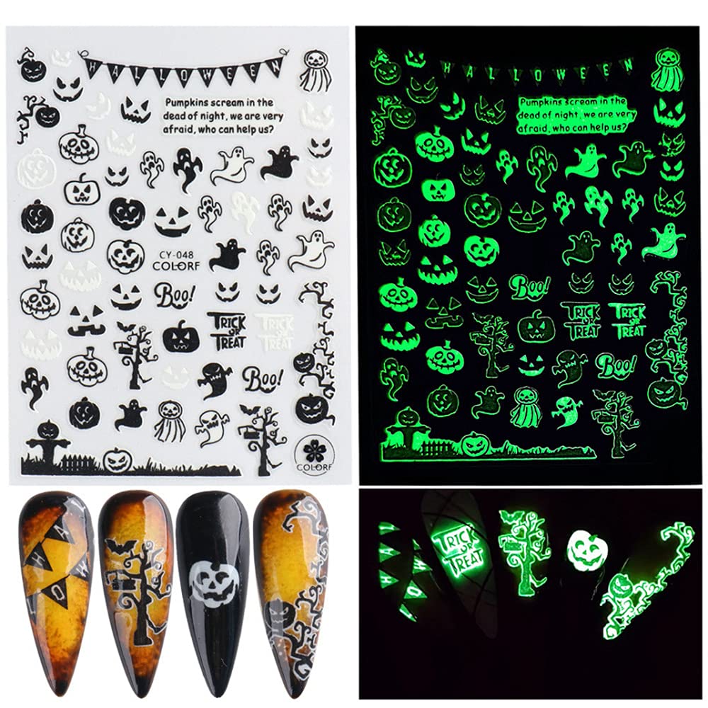 Halloween Nail Stickers 3D Luminous Halloween Nails Self Adhesive Nail Sticker Nail Art Supplies Decals Halloween Nail Art Designs Halloween Skull Ghost Pumpkin Spider Bat Nail Art Decoration 6Sheets : Beauty & Personal Care