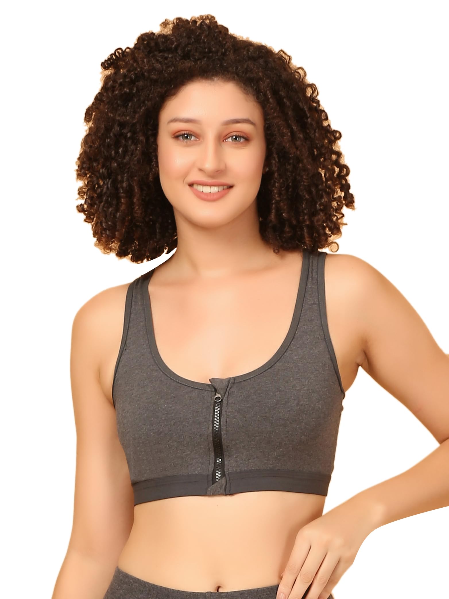 mysha Women's Sports Bra Cotton Wirefree Full Coverage Zipper Front Closure Broad Strap High Support Racer Back Gym/Workout/Fitness/Yoga/Running/Exercise Bra, Grey-picture-14