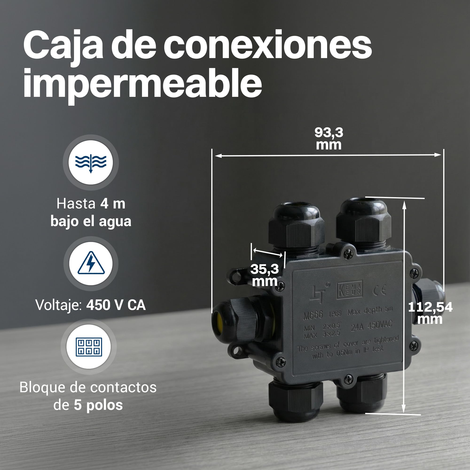 Intratec 10x Caja de derivación estanca 6 aperturas 4–14 mm cable – Caja de distribución impermeable IP68 para exterior, fácil instalación en jardín y cables subterráneos – 35 x 113 x 93mm