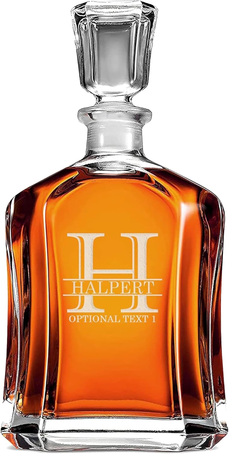 Personalized Etched Glass 23oz Whiskey Decanter With 4 Glasses, Custom Engraved Fathers Day Gift, Retirement, Anniversary, Customized Bourbon Gifts for Men, Scotch Birthday,Him, Dad, OG Halpert