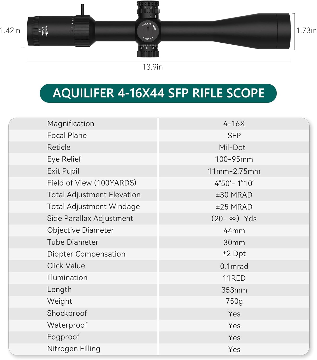 Aquilifer HT Riflescope 3-12x56/4-16x44, Red Illuminated Reticle, 1/10 MRAD Turrets, Low-Light & Long Range Precision Optics, Waterproof & Shockproof Rifle Scope