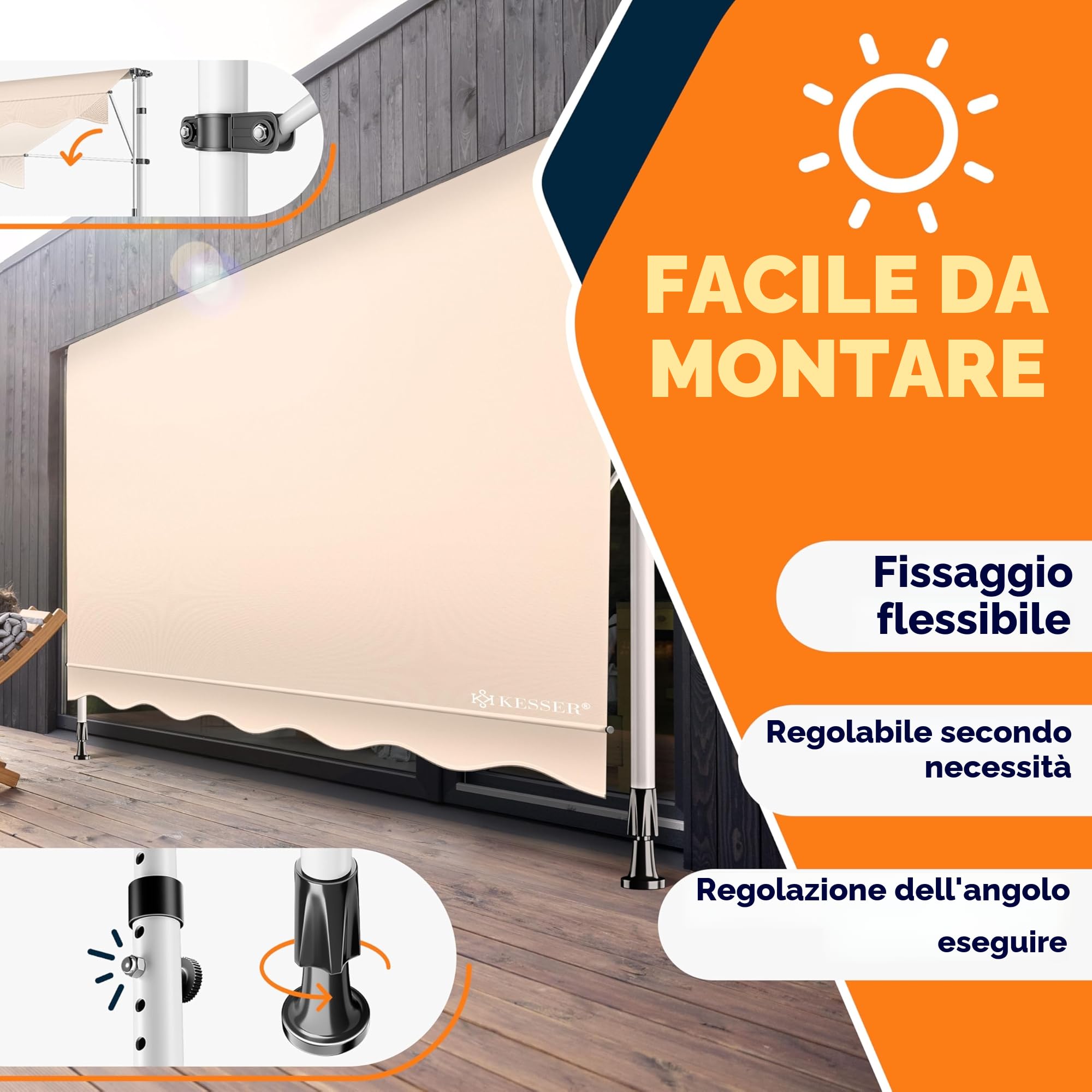 KESSER® Tenda da Sole a Morsetto con Manovella per Balcone, Regolabile in Altezza, Idrorepellente, Protezione Solare, Beige, 350cm
