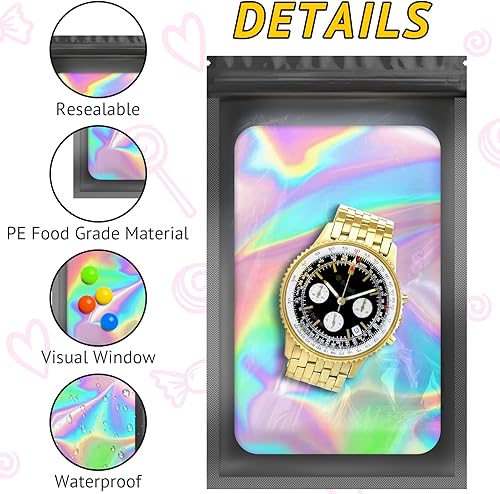 Miniatura 9 de 100 bolsas a prueba de olores, bolsas de embalaje, bolsas holográficas de tereftalato de polietileno, bolsas resellables de aluminio para pequeñas