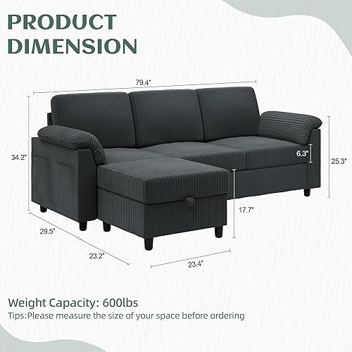 Miniatura 2 de Vongrasig Sofá modular convertible, sofá modular de 3 plazas en forma de L con almohadas extraíbles, tela de pana suave, sofá pequeño de mediados de