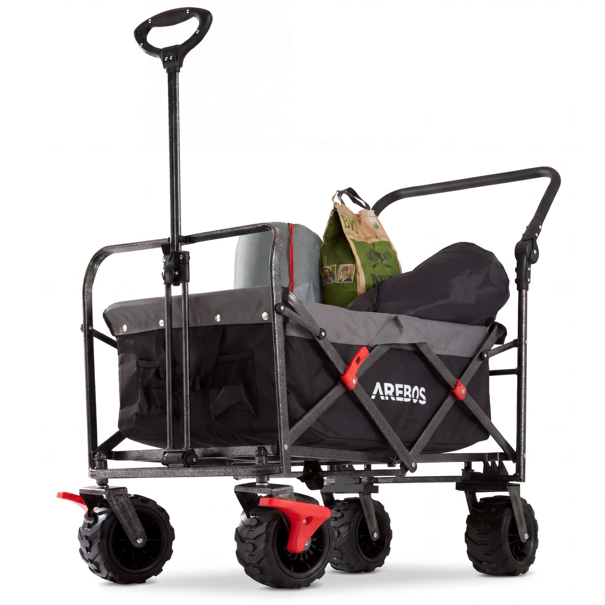 Arebos Bollerwagen faltbar | Transportkarre | Gerätewagen | Handwagen | Faltwagen | inkl. 2 Netztaschen | mit Vorderrad-Bremsen & Teleskopstange | klappbar | bis 100 kg Tragkraft | Grau