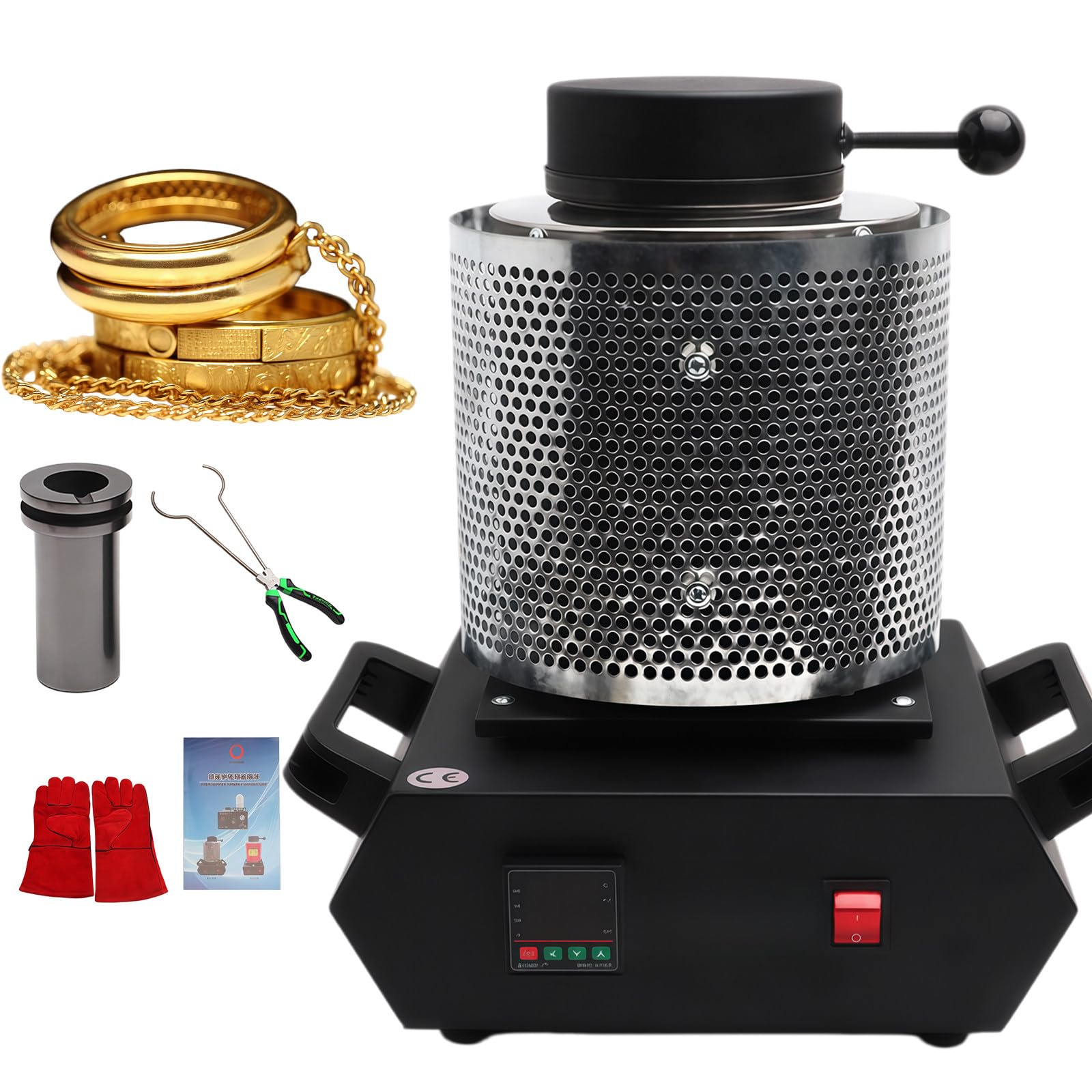 GYKOZY Automatic Electric Gold Melting Furnace, Smelting Furnace Kit,with Graphite Crucible Crucible Tongs and Glovess, for Casting Refining Jewelry Precious MetalsRed-1Kg (Black 2Kg)