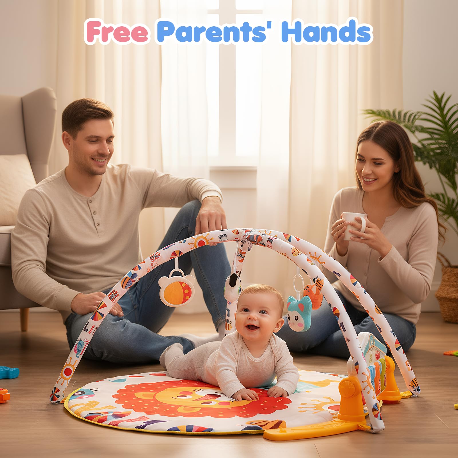Spieldecke Baby Gym, 6 in 1 Spielbogen 0-12 Monate mit Musik Klaviermatte, 4 Hänge-Spielzeug, Licht & Töne, 400+ Geräuschen, Aktivitätsmatte mit Abnehmbarem Babyspielzeug für Neugeborene