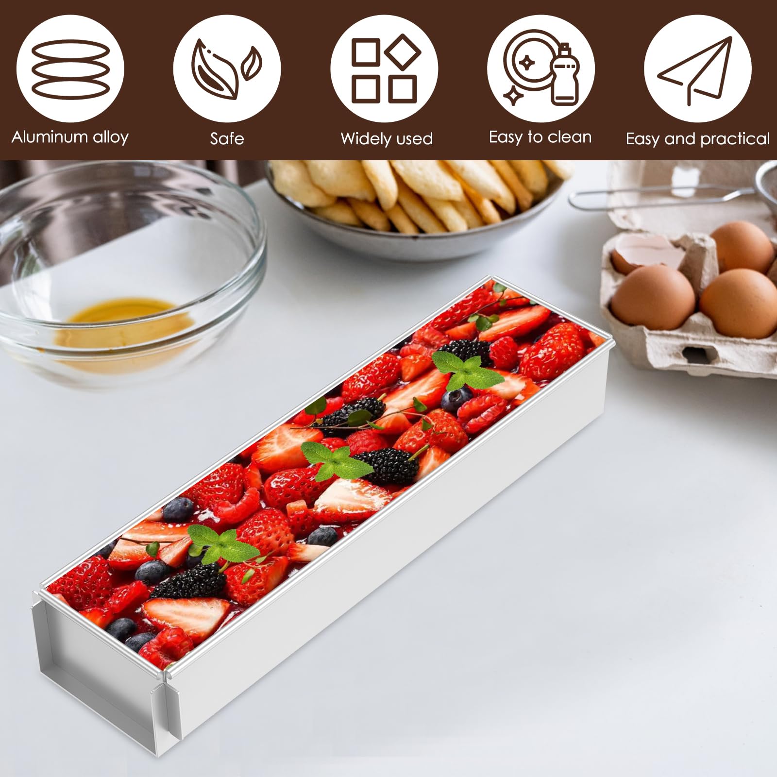 Cornice per forno rettangolare regolabile, stampo rettangolare per torte, antiaderente, rettangolare, cornice regolabile per torte di tiramisù (4 unità, con deflusso rimovibile)