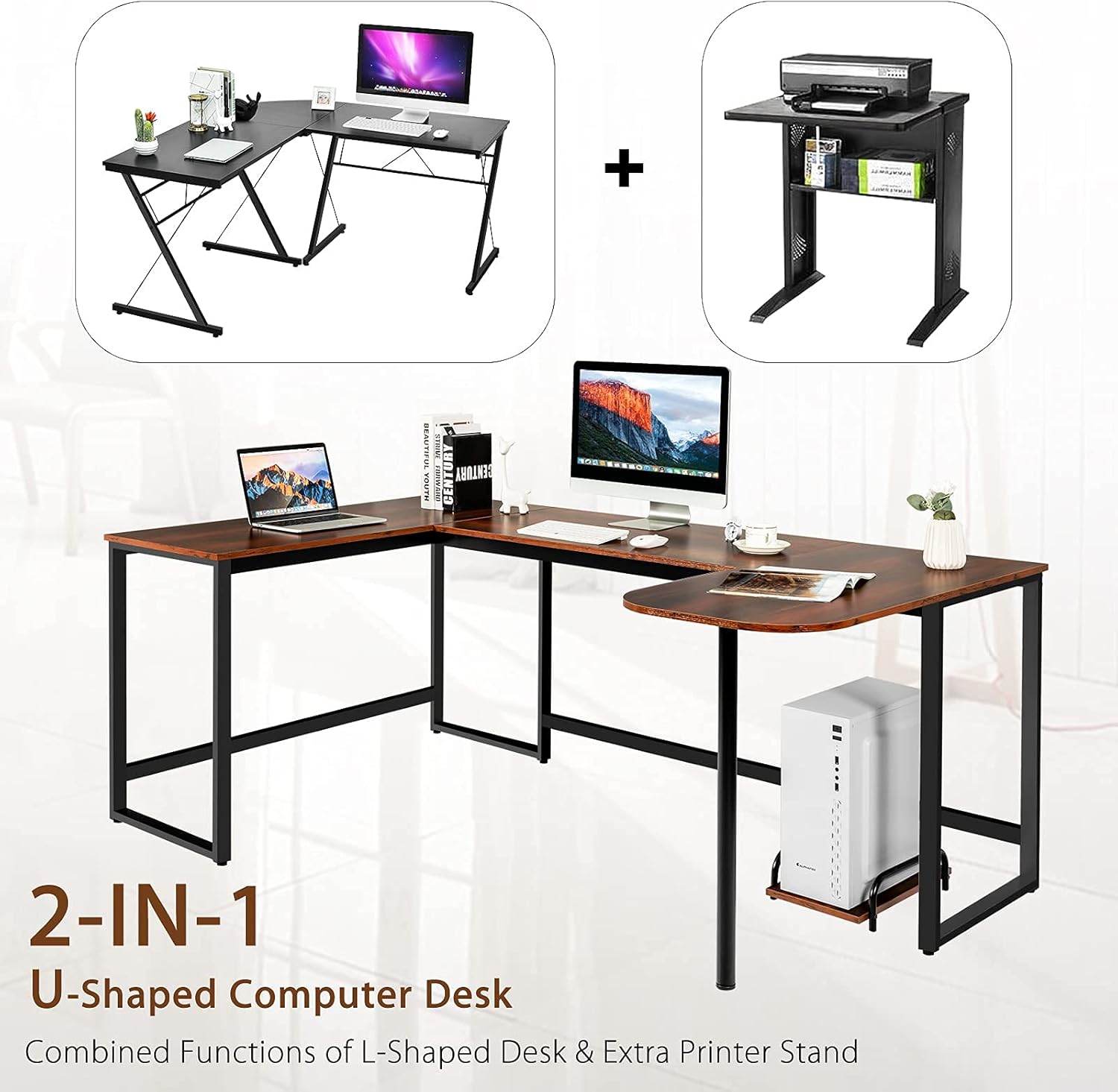 Tangkula U-Shaped Computer Desk, Corner Computer Workstation w/Extra Printer Stand, Movable CPU Stand, 79”x 47” Inch Large Home Office Desk for Working Gaming Studying (Brown) : Home & Kitchen