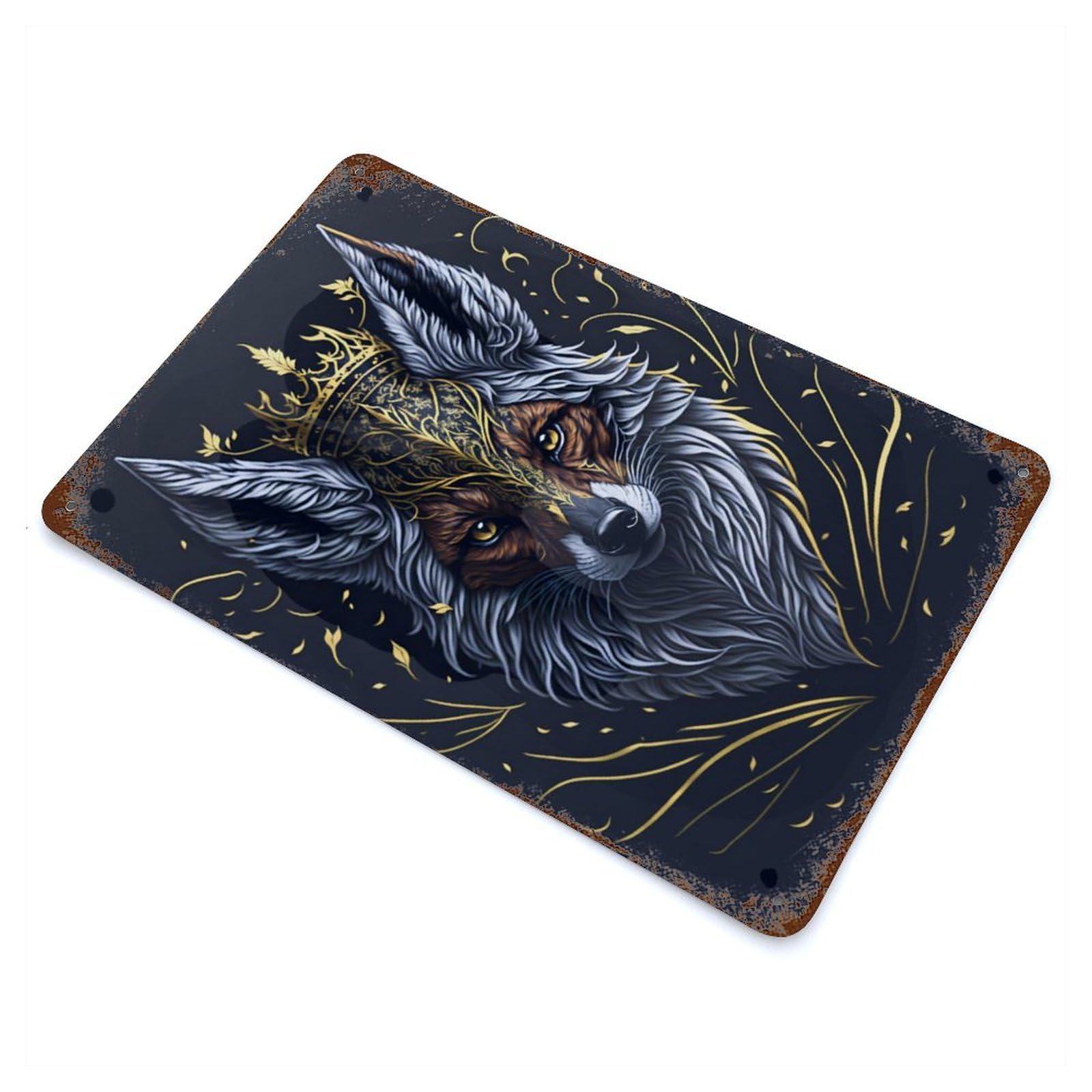 Golden Crown Fox Distressed Metal Wall Sign 11.8"x7.9", Ideal for Garage, Bar And Workshop Decor