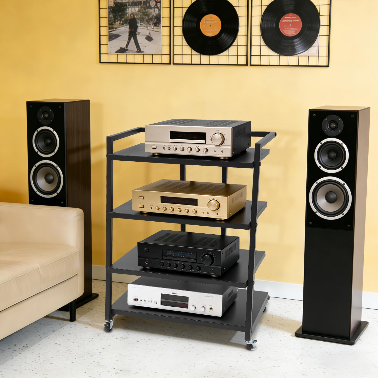 Scaffale HiFi a 4 livelli in metallo con ruote, per giradischi, impianti stereo, stoccaggio di dischi in vinile, versatile come scaffale HiFi o scaffale d'appoggio, 60 x 52 x 85 cm