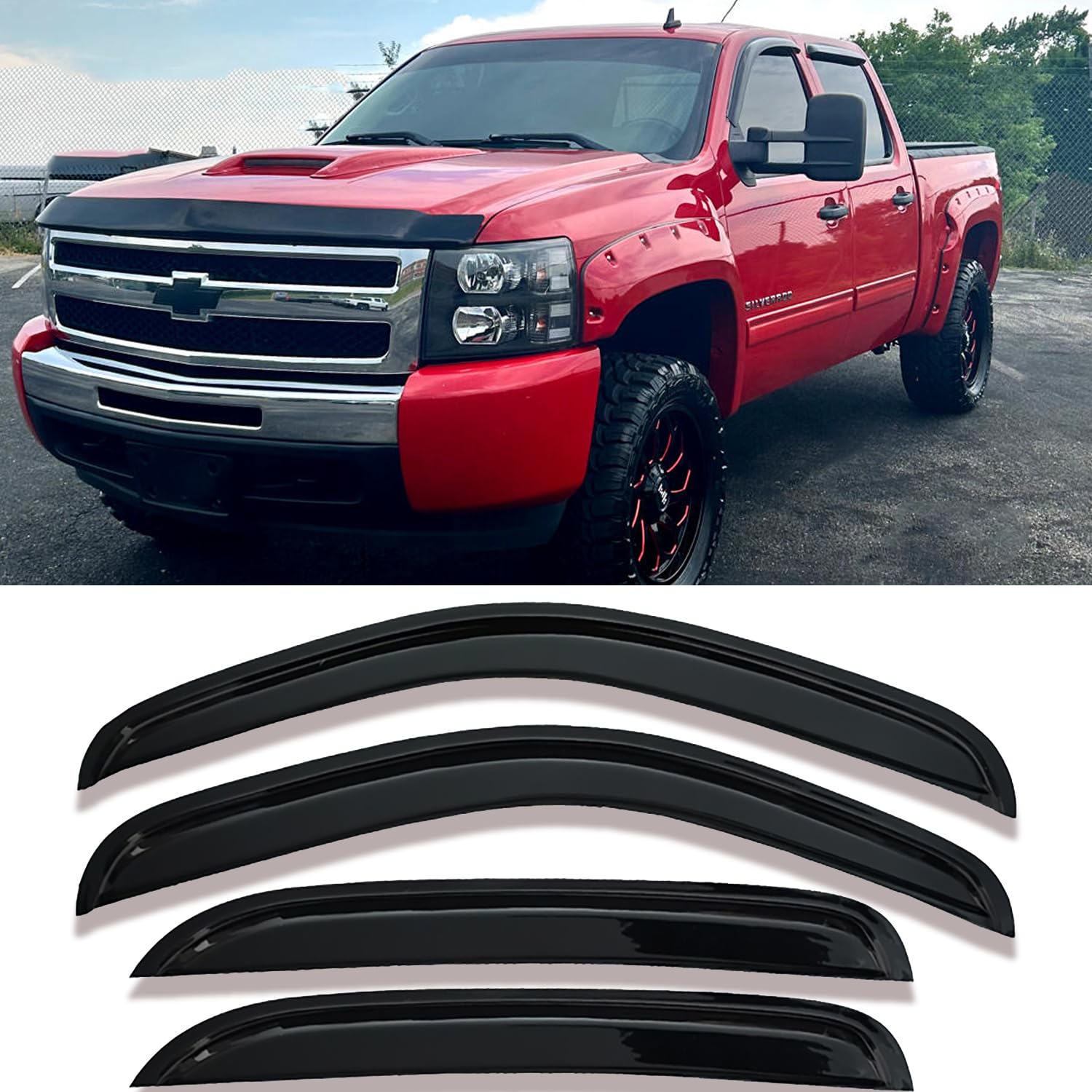 TONOYTIM 94515 Truck Window Visors Rain Guards for 2007-2014 Chevy Silverado/GMC Sierra 1500 2500HD 3500HD Crew Cab/Avalanche/Suburban/Yukon XL Wind Deflectors Windnow Vent Shade 4PCS