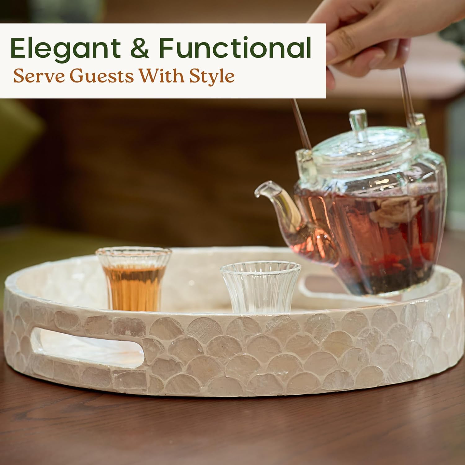 12.6 Inch Capiz Round Decorative Tray, Decorative Serving Tray with Handles for Coffee Table, Kitchen Counter, Bathroom Vanity or Dining Table Centerpiece Tray, Modern Farmhouse Decor - Image 5