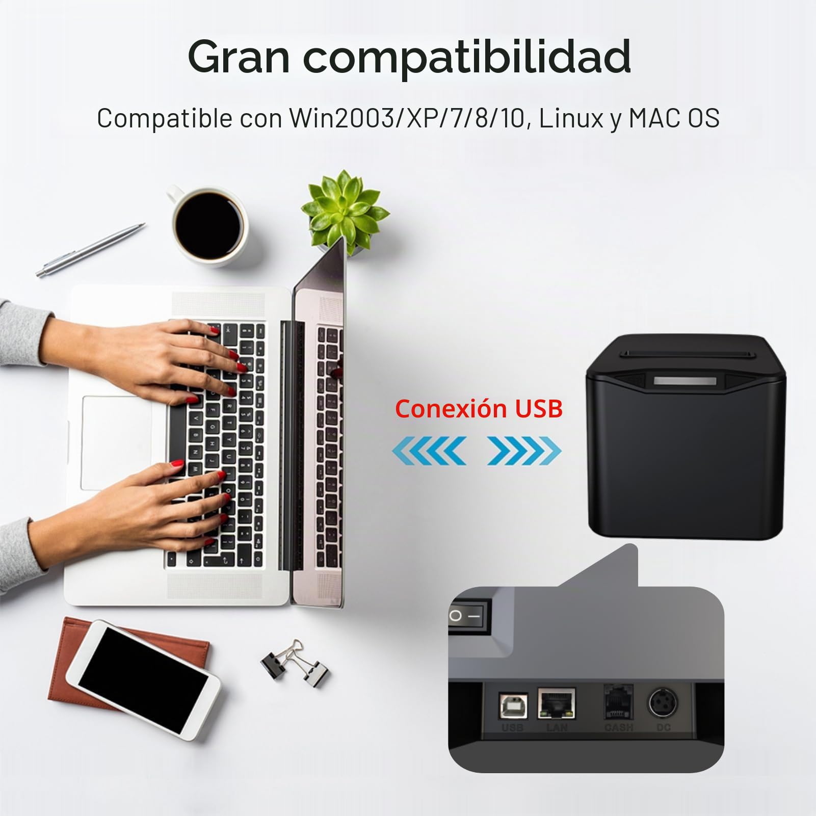 Bisofice Impresora de recibos de 80 mm, Impresora térmica de recibos con conexión USB+LAN, Impresora Ticket de caja compatible con Command ESC/POS para restaurantes, supermercados, comercio