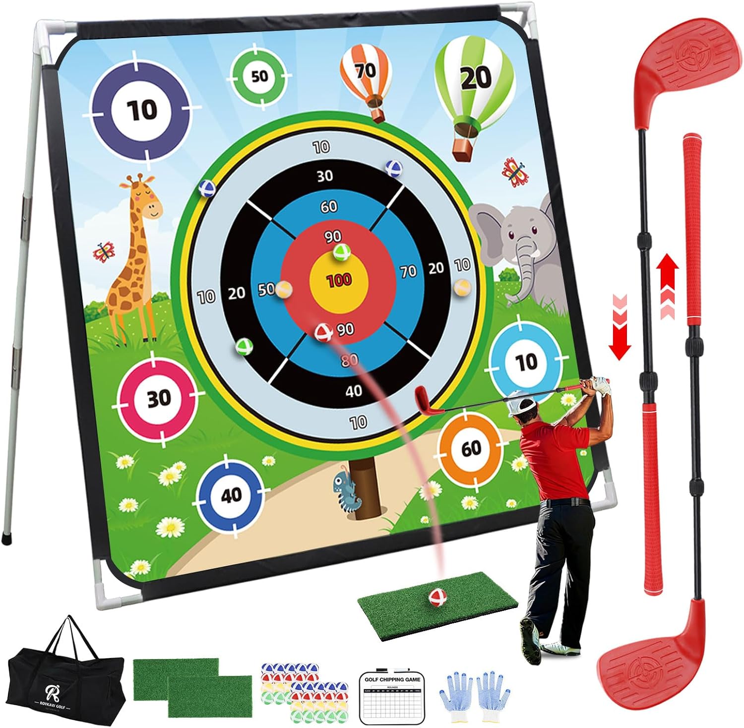 Roykaw Battle Golf Chipping Game with Turf Mat,Golf Clubs,Scoreboard,Golf Course/Cartoon Game Set for Fun Chipping Practice, 70.8 x 70.8 Inches,Reinforced Adjustable Stand, Easy to Carry & Storage