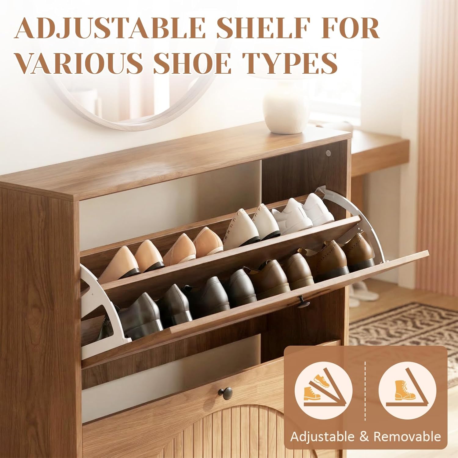 Go Beyond Shoe Storage Cabinet with 2 Flip Drawers, Narrow Shoe Organizer with Fluted Panel, Freestanding Slim Shoe Rack for Entryway, Foyer, Hallway-Walnut