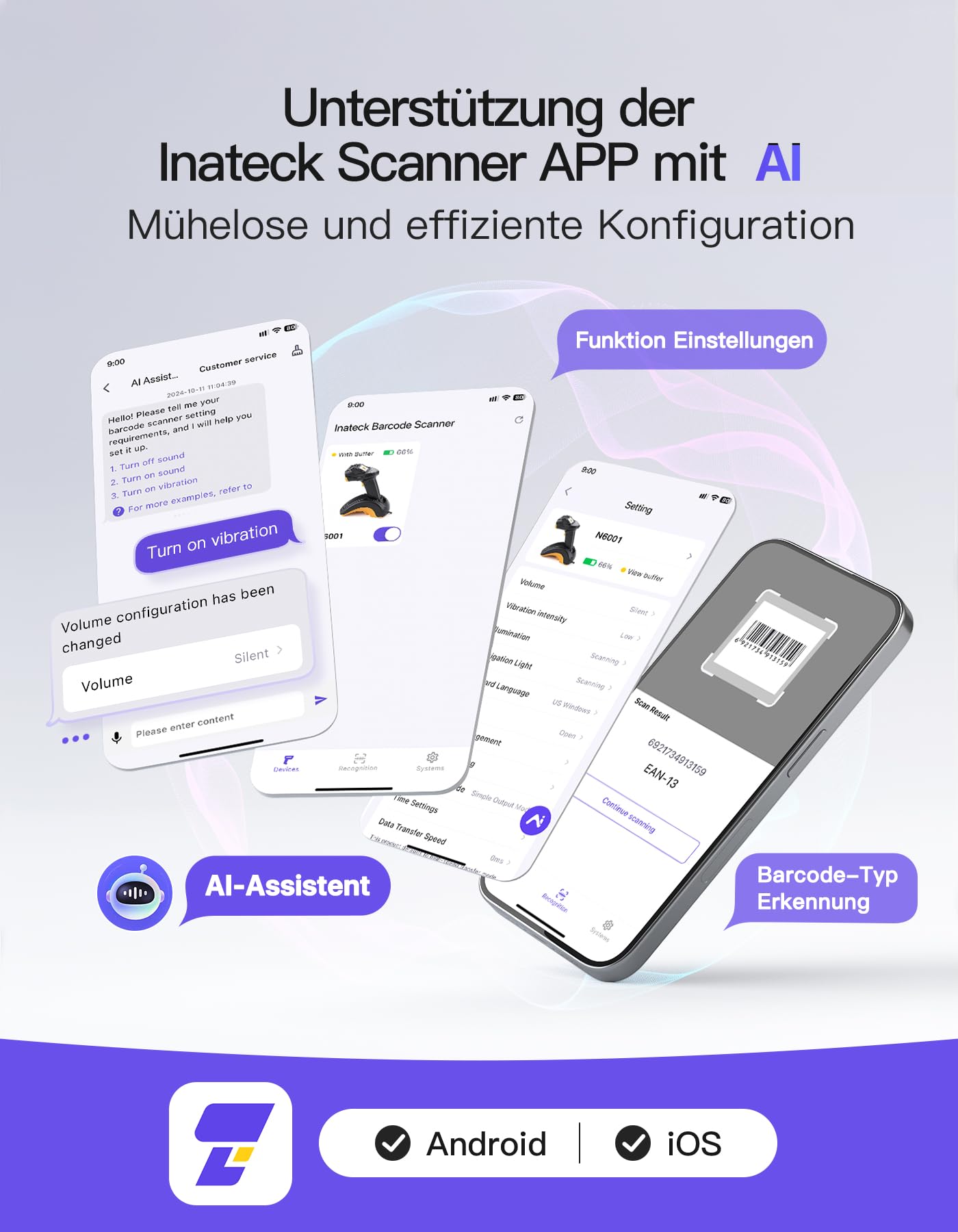 Inateck Barcode Scanner Bluetooth, 2D 1D Wireless Handheld Scanner, QR Code Scanner, mit Screen und Smart Base, CMOS CCD Dual Module, Größere Reichweite, Unterstützt App SDK, P8 SE