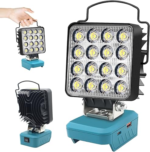 Luz de trabajo 34W 5000LM linterna compatible con batería Makita 18 V LXT, 2 luces de brillo 18 V LED luz de trabajo con USB y tipo C 18 V