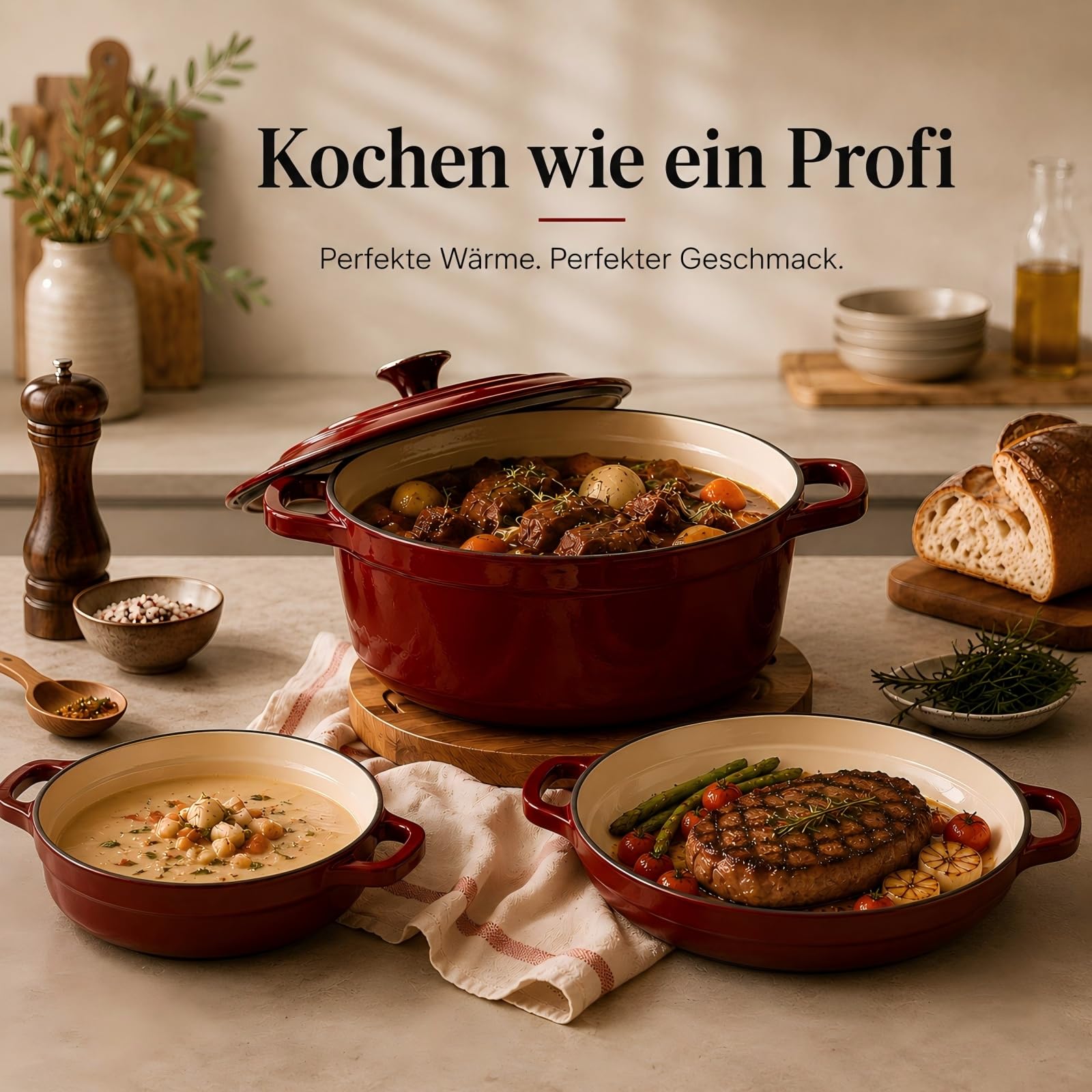 AHJ Topfset Gusseisen Emailliert, 4-teiliges stapelbares Schmortopf Set mit 4,5L Brotbacktopf/Dutch Oven, 2,5L Bräter, 1,2L Grillpfanne und Deckel, antihaftend, backofengeeignet bis 260°C, Rot | Inklusive Brottopf 4,5 L, Bräter 2,5 L, Grillpfanne 1,2 L un
