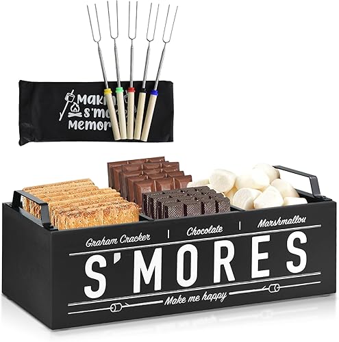 S'Mores Station, Farmhouse Smores Caddy con asas, kit de Smores para hoguera, estación de bar Smores con 5 palitos extensibles para asar