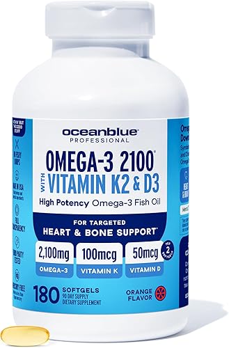 Oceanblue Omega-3 2100 profesional con vitamina K2 y vitamina D3 – Suplemento omega-3 de aceite de pescado sin eructos de triple fuerza con EPA y