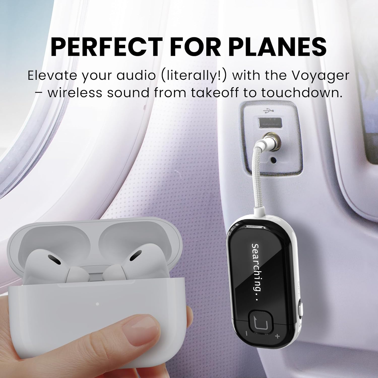 Avantree Voyager plugged into an airplane seat's audio jack, with AirPods Pro nearby, indicating wireless audio streaming.