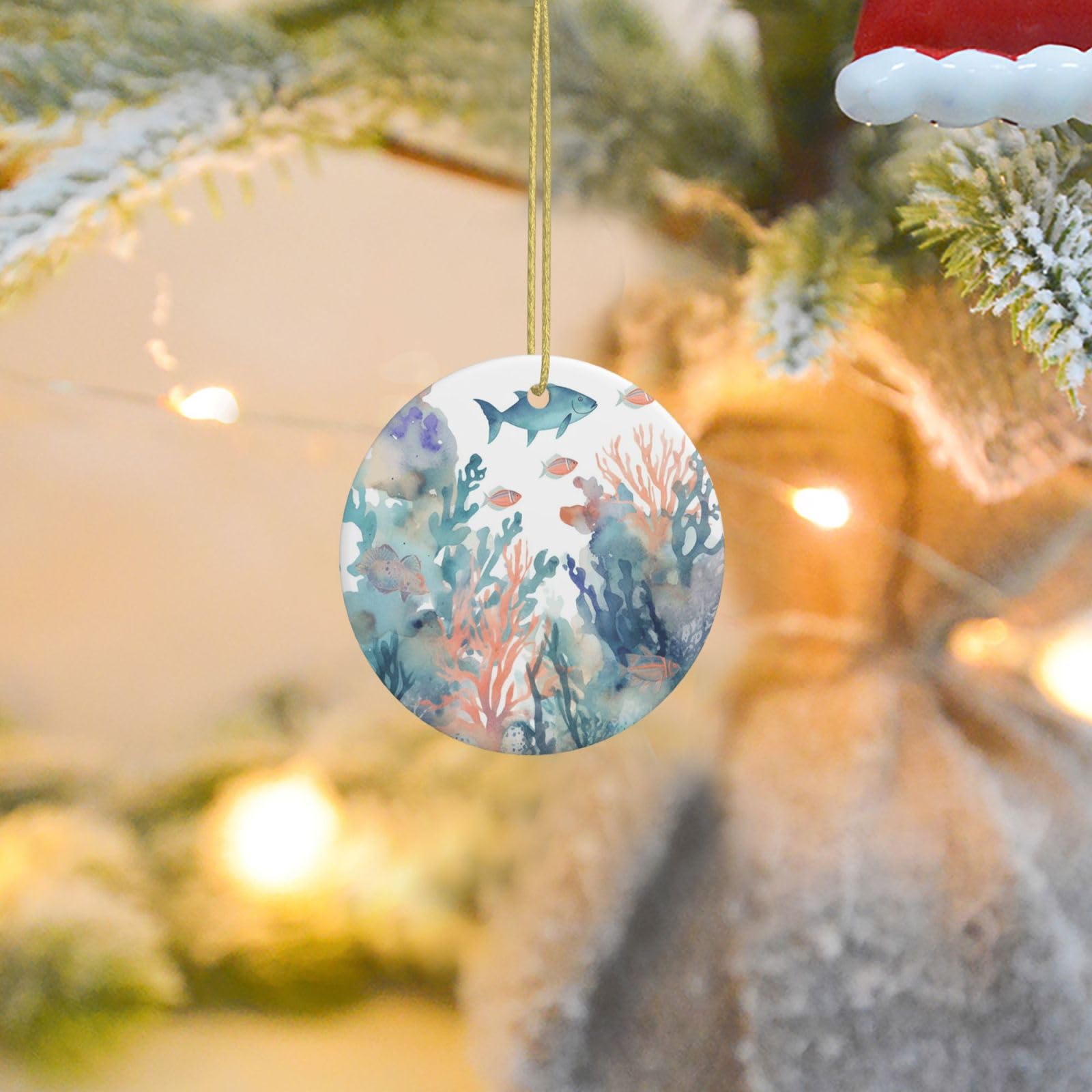 Christmas Tree Ornaments Ceramics Christmas Round Decorations Watercolor Fish and Coral Ceramics Ornaments Circle Pentagram Xmas Tree Hanging Pendant for Christmas Tree Party Holiday Home Decor