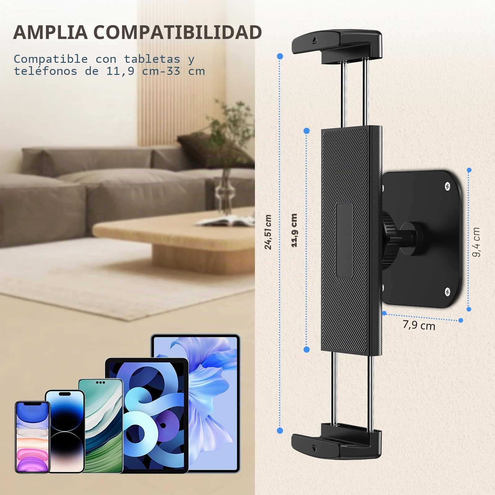 Soporte de pared para tablet, soporte de pared de aluminio para iPad, rotación de 360°, soporte de pared ajustable compatible con iPad Pro, Mini, Galaxy Tab, Surface Pro, Kindle, todas las