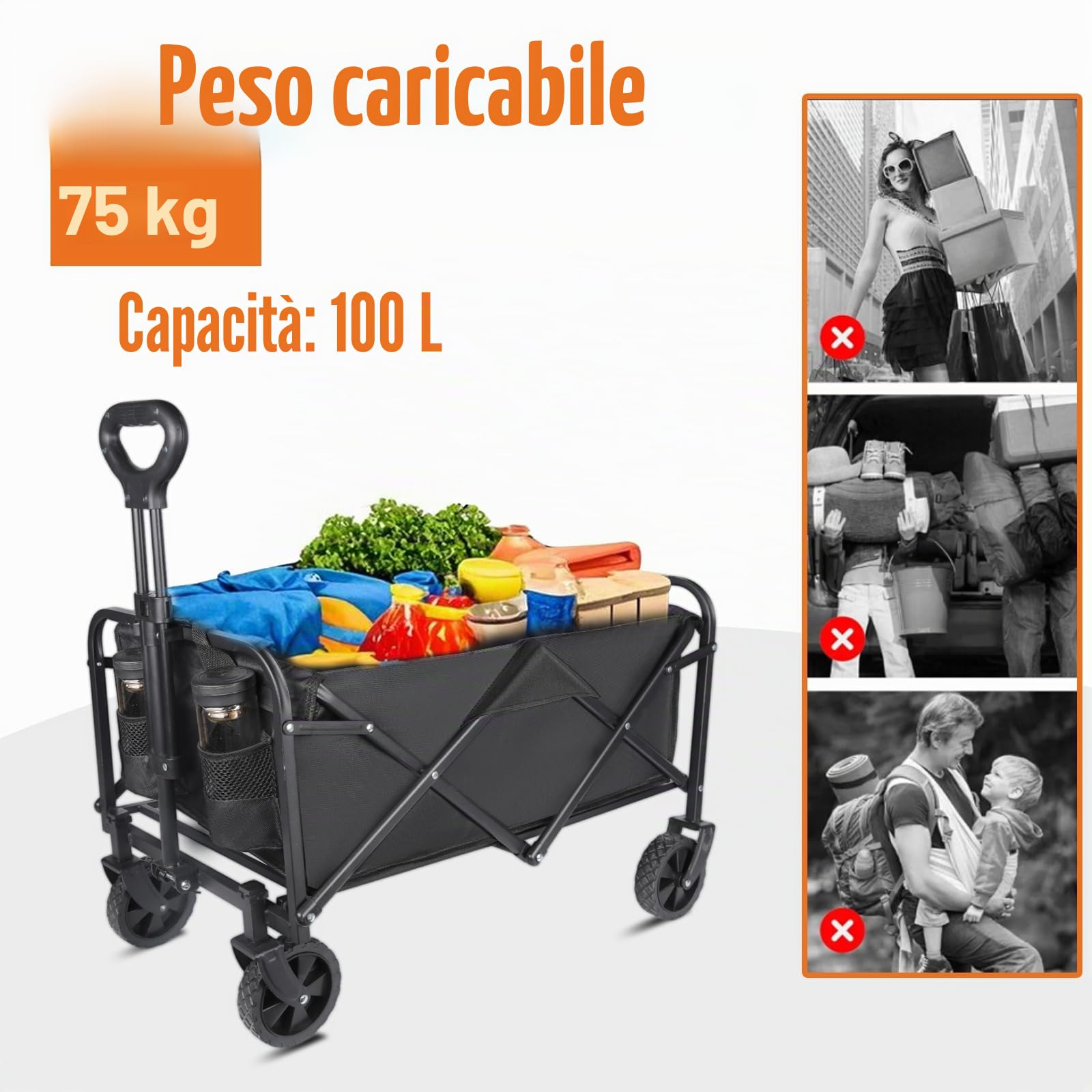 Carrello Spiaggia Portatutto 100L Pieghevole con Ruote Girevoli 360° Manico Regolabile 2 Tasche Portata 75 kg Campeggio Escursioni Spesa (Utensy Nero)