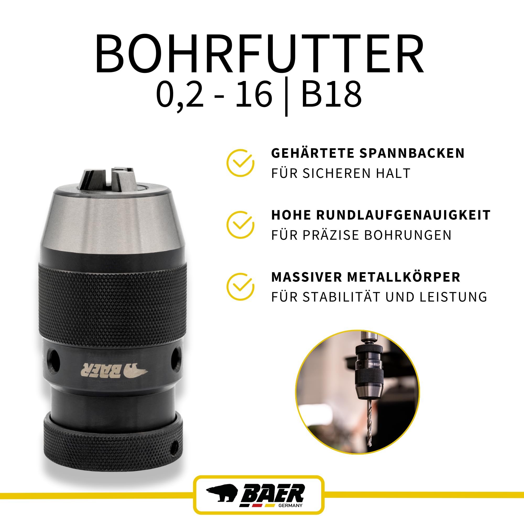 BAER Eco Mandrino con mandrino conico 0,5-16 mm | cono: B 18 – di precisione a serraggio rapido