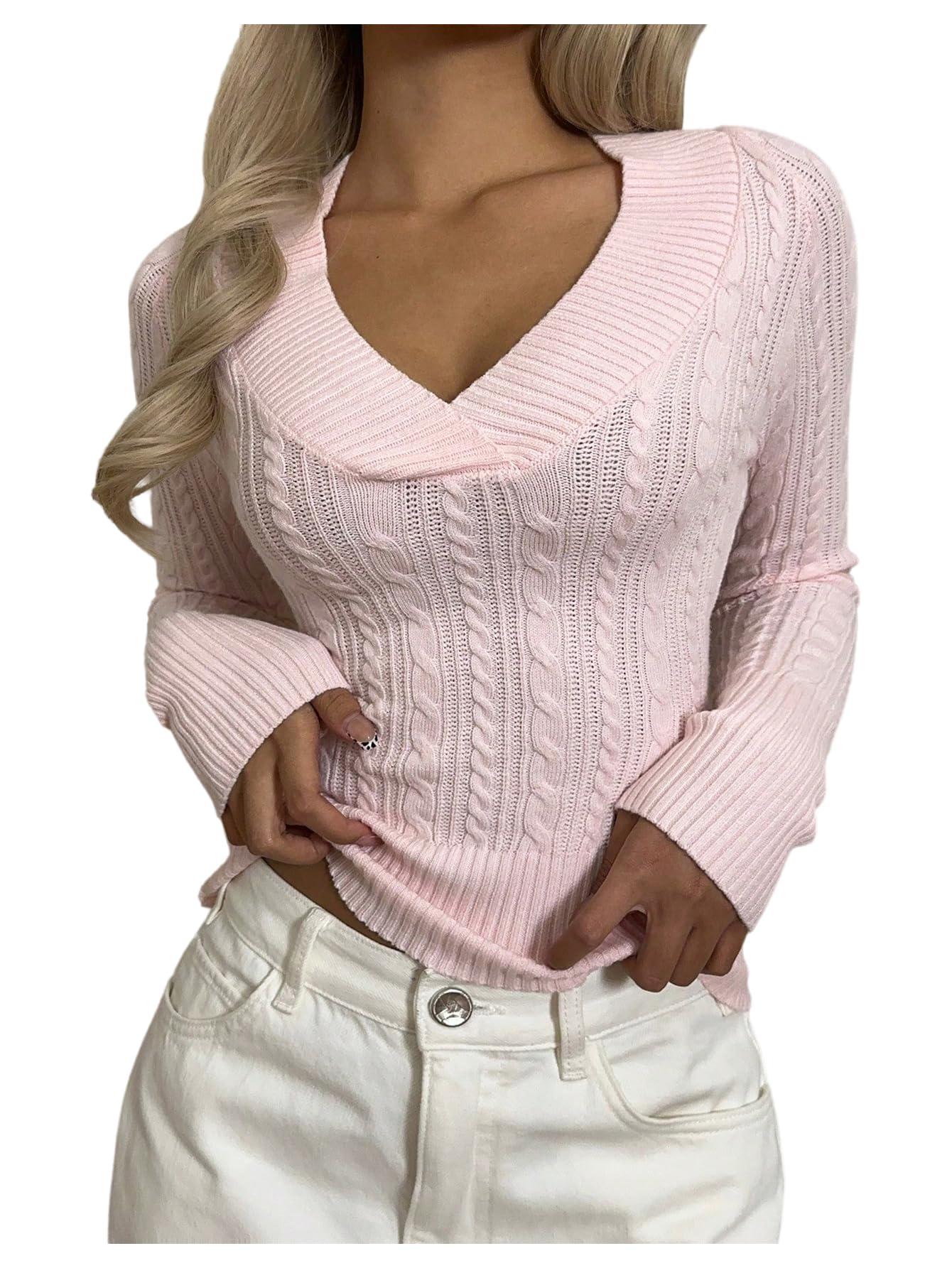 SOLY HUX Womens V Neck Sweater Long Sleeve Cable Knit Slim Fit Casual Trendy Pullover Tops