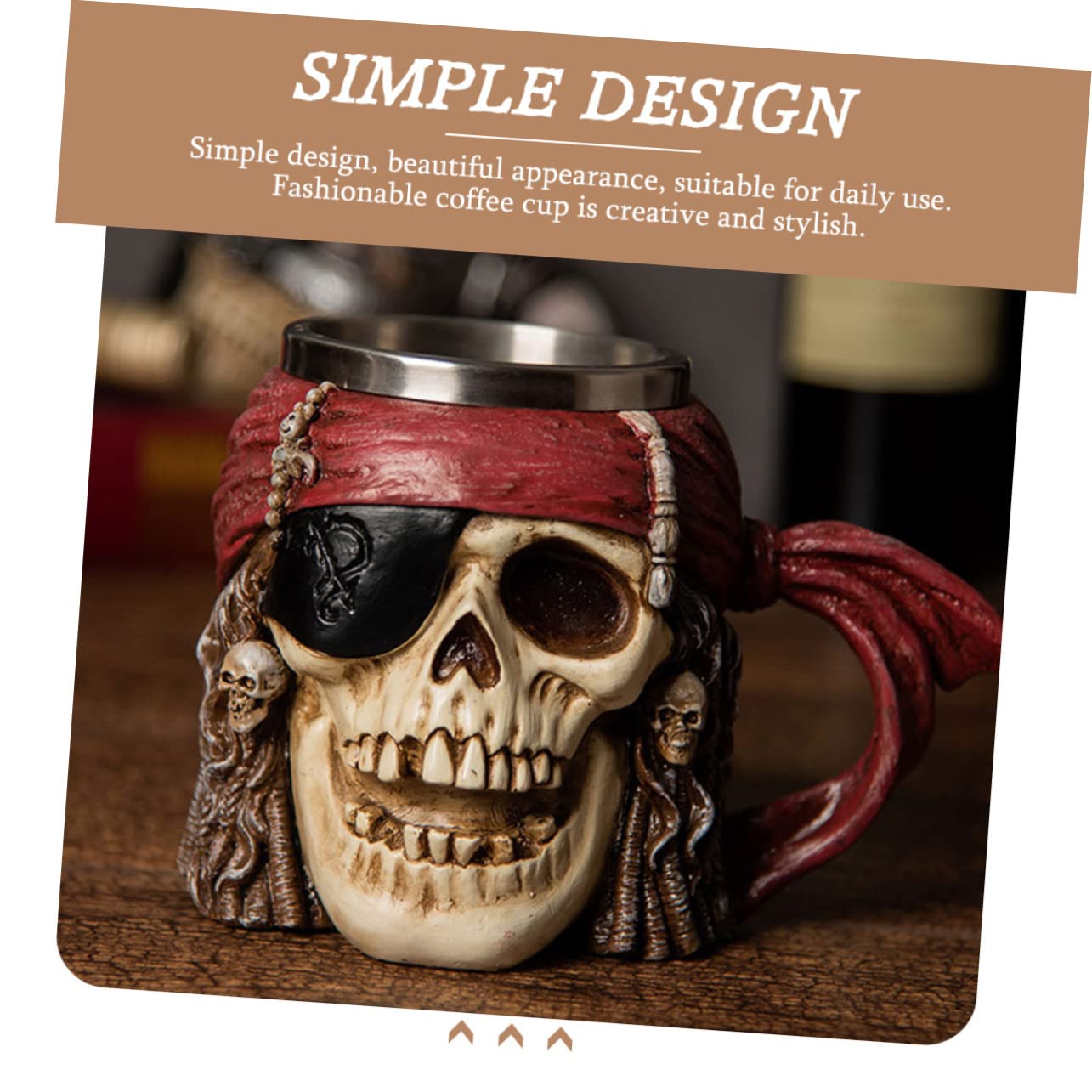 Veemoon Chope de Bière en Acier Inoxydable 304 Tête de Crâne Pirate, Mug Original en Résine Épaisse, Résistant et Décoratif pour Café et Bière