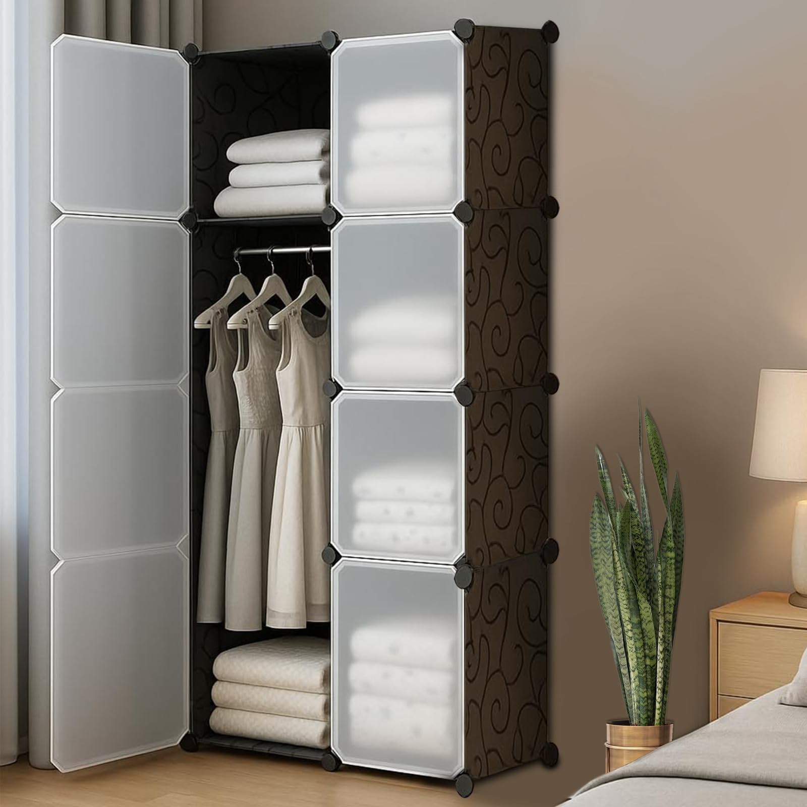 CoolLeaf Soft Plastic Wardrobe for Clothes, Kids Almirah for Clothes - 8 Doors Collapsible Wardrobe for Kids Clothes/Toys/Books, Baby Cupboard for Clothes Storage in Bedroom Nursery, Black (CW-B8)