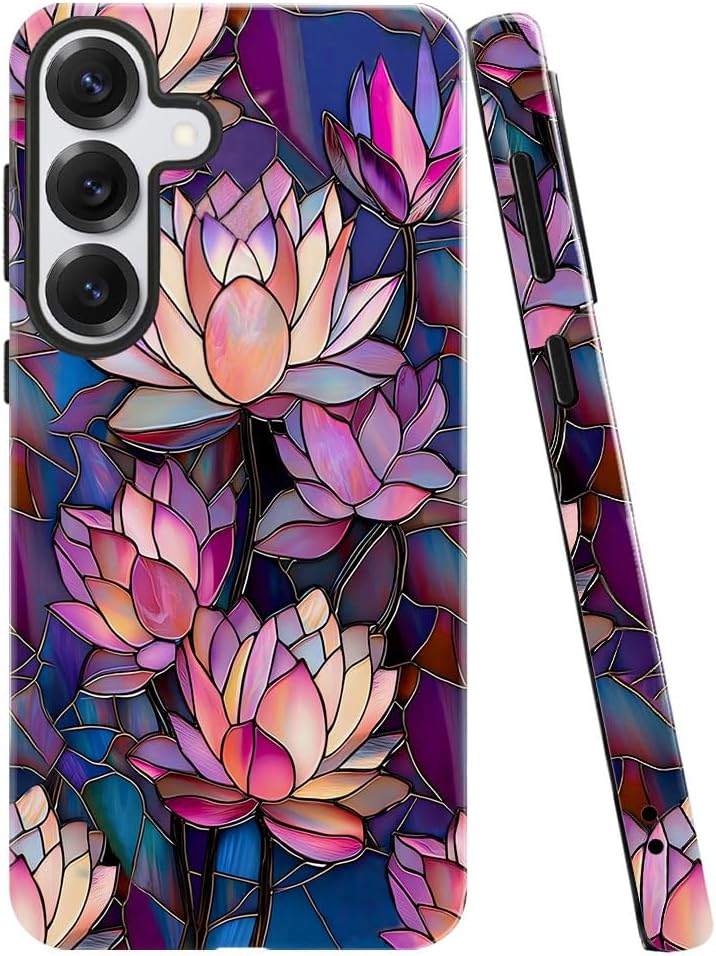 Case for Samsung Galaxy S25,Lotus Pink Flower Phone Case Drop Resistant Glossy 2 in 1 Solid Dual-Layer Cover for Girl Women Lotus Pink Flower Samsung Galaxy S25
