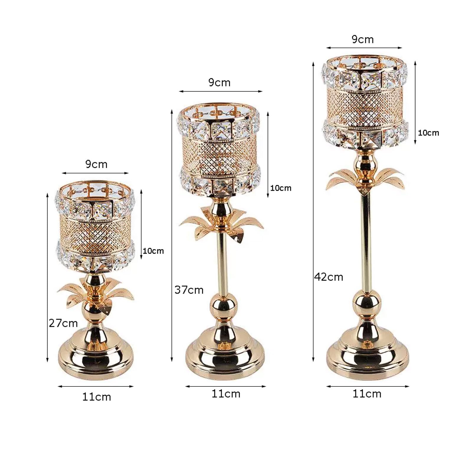 Candelabro de metal dorado con portavelas de hierro con diamantes de imitación de cristal y adorno decorativo artesanal (M)
