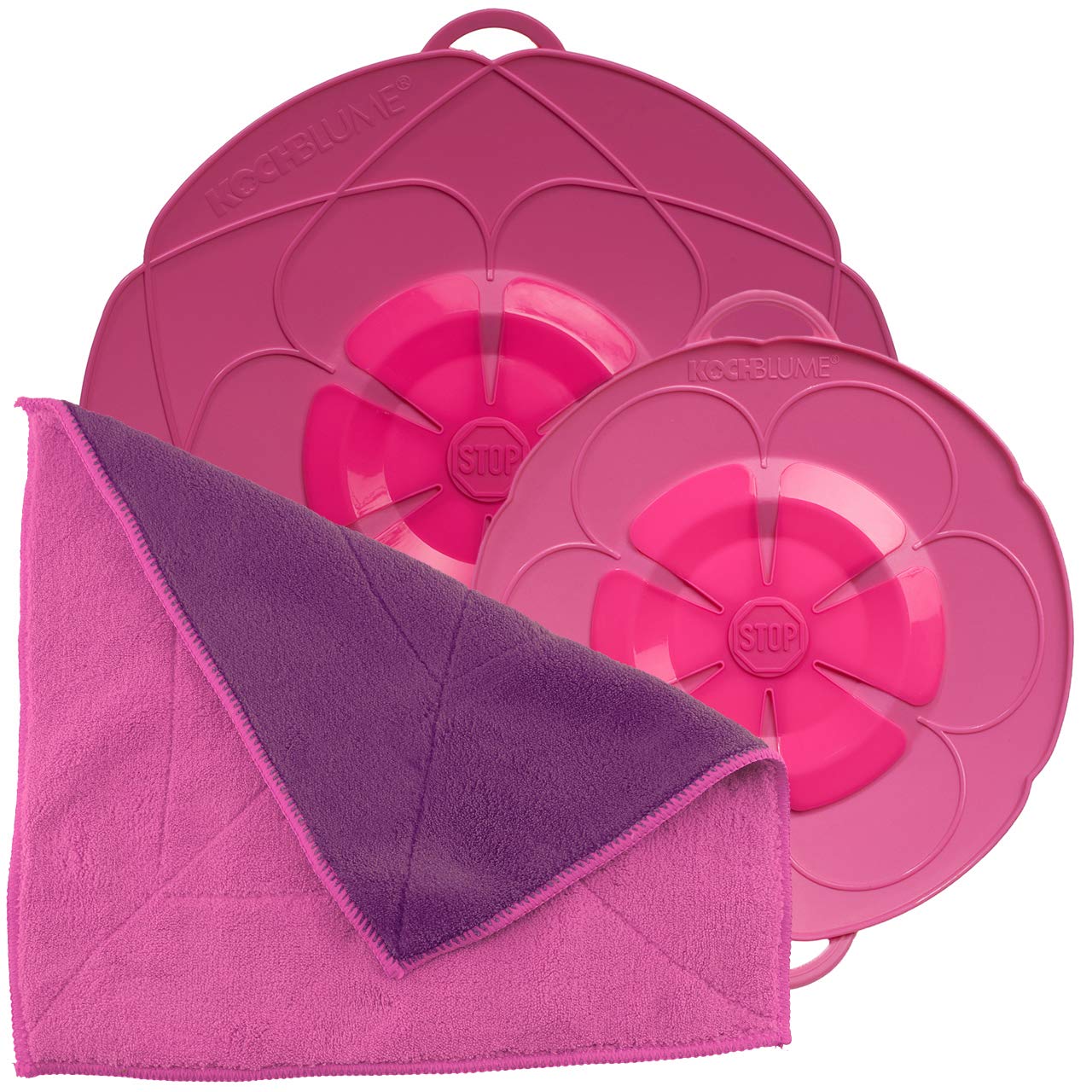 Kochblume Saver Set for Pots from 14 to 24 cm with Microfibre Cloth in Pink Box Silicone Boil Over Protection for Pots and Pans Pink