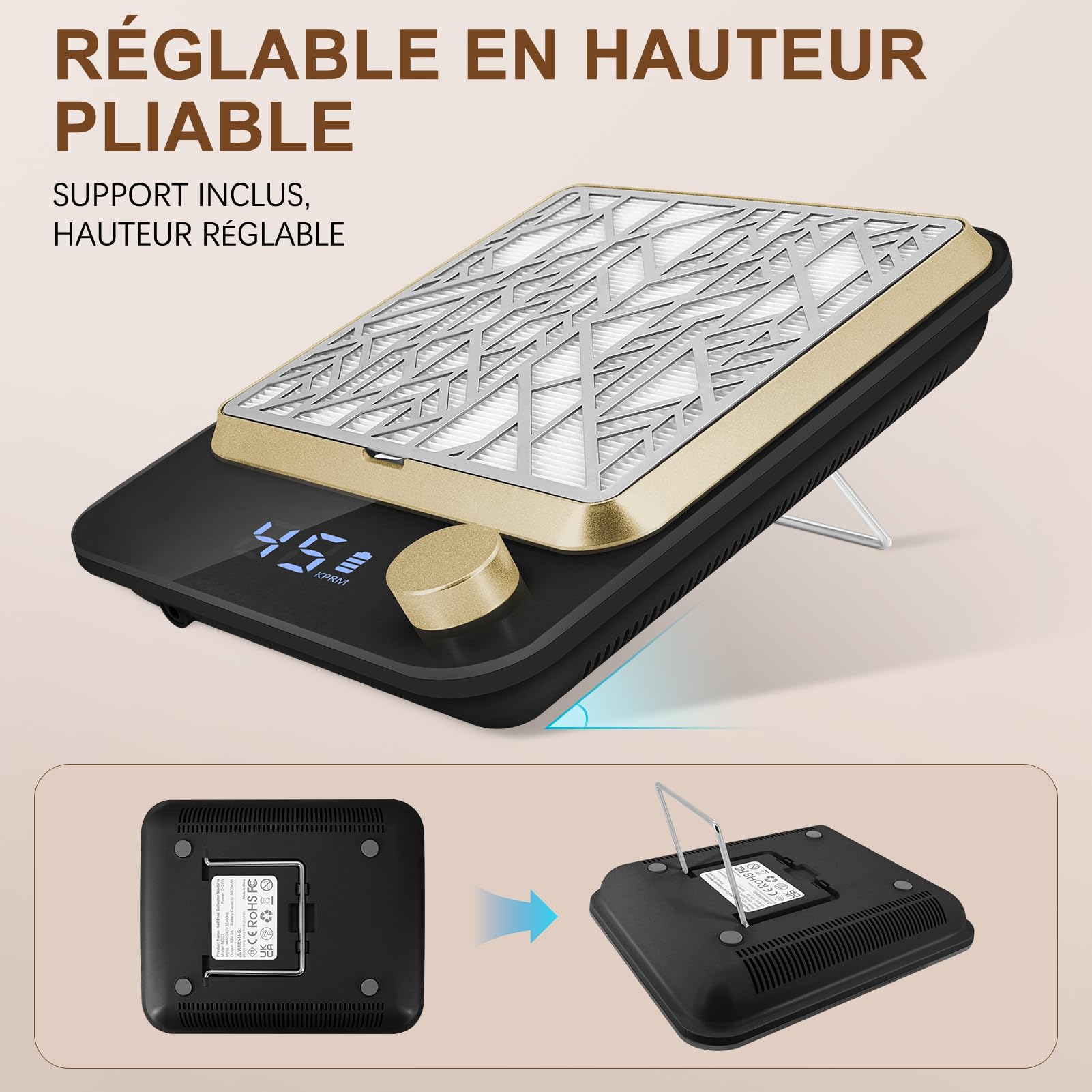Aspirateur Ongle Rechargeable, Puissant Aspirateur Ongles Professionnelle, Aspirateur De Table Ongle Manucure, Aspiration Réglable, Noir NDC3
