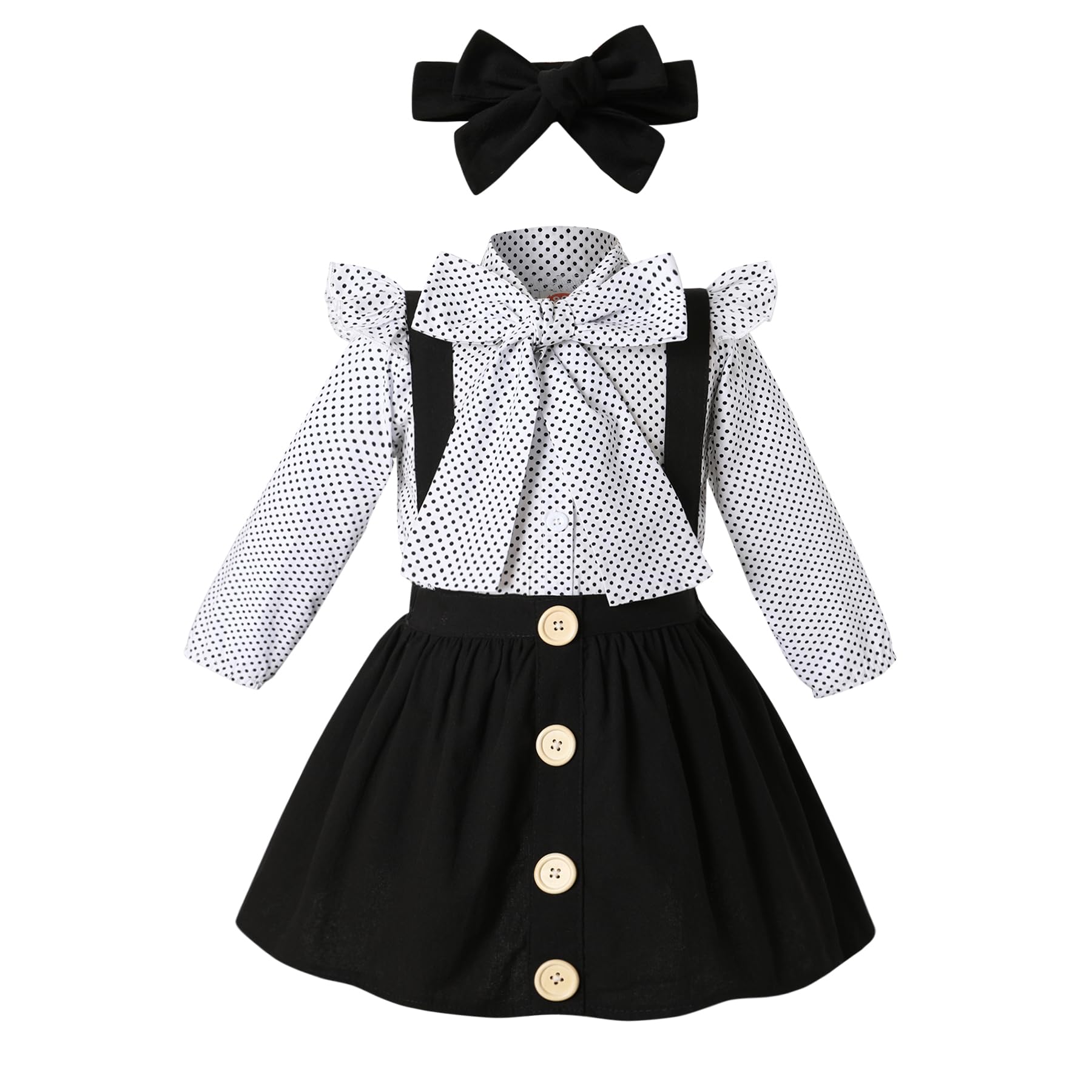 YOUNGER TREE Toddler Girl Outfits 1-4 T Long Sleeve Shirt Overall Skirt Headband Set School Uniform Dress